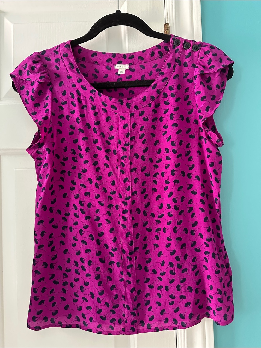 100% Silk F21 I love H81 Magenta Leaf-Print Cap Sleeve Blouse